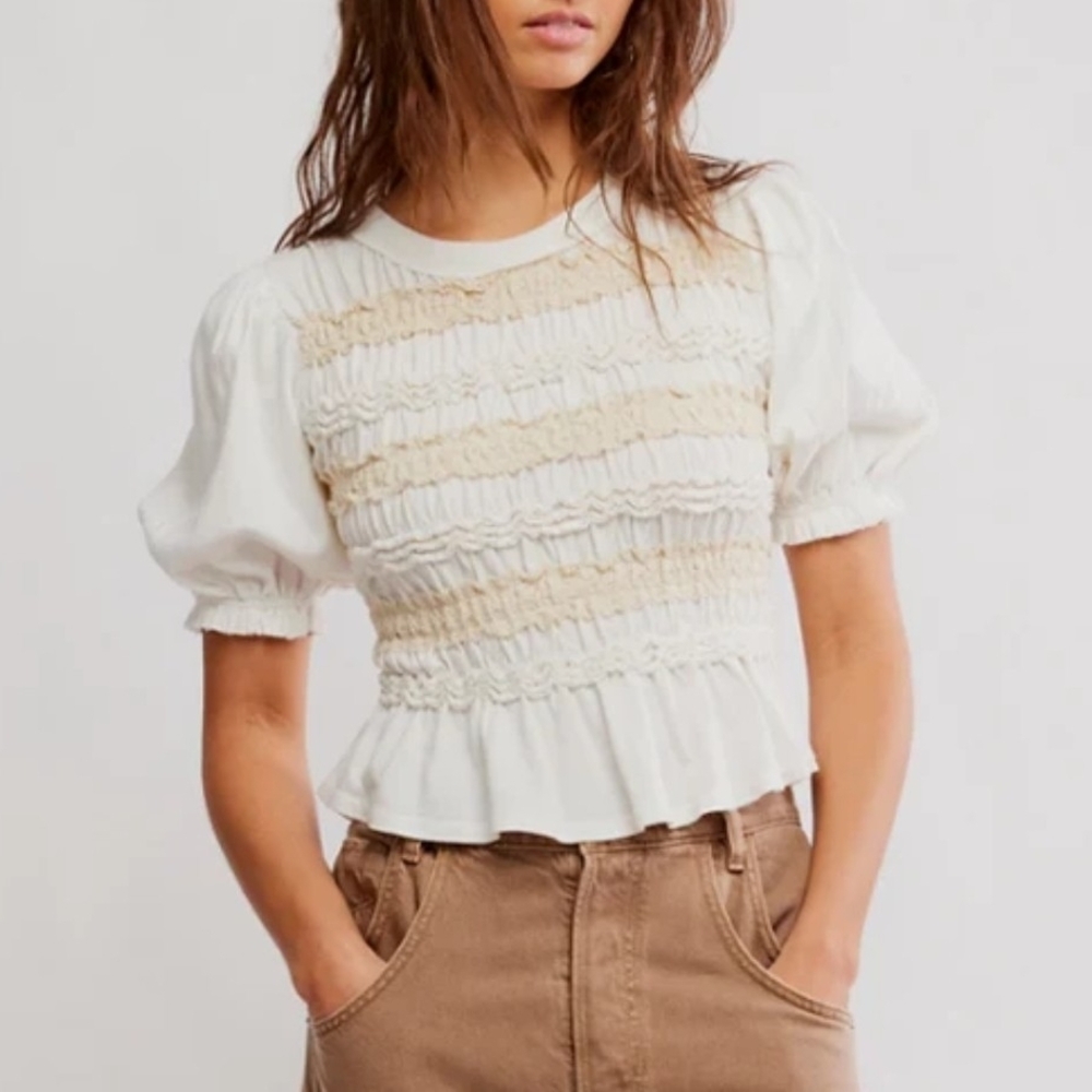 Free People White and Cream Textured Blouse